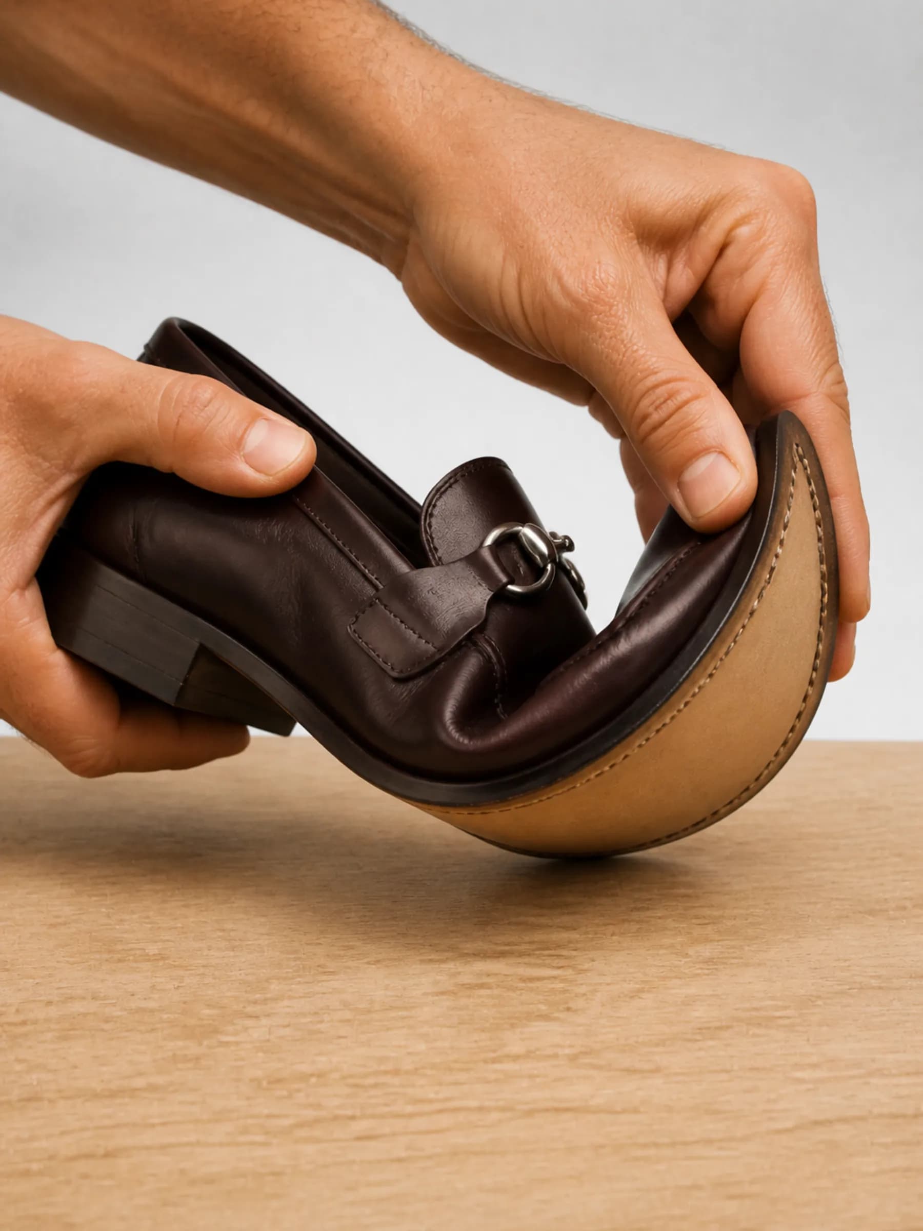 A loafer flexed to show the single Blake stitch line on a leather sole