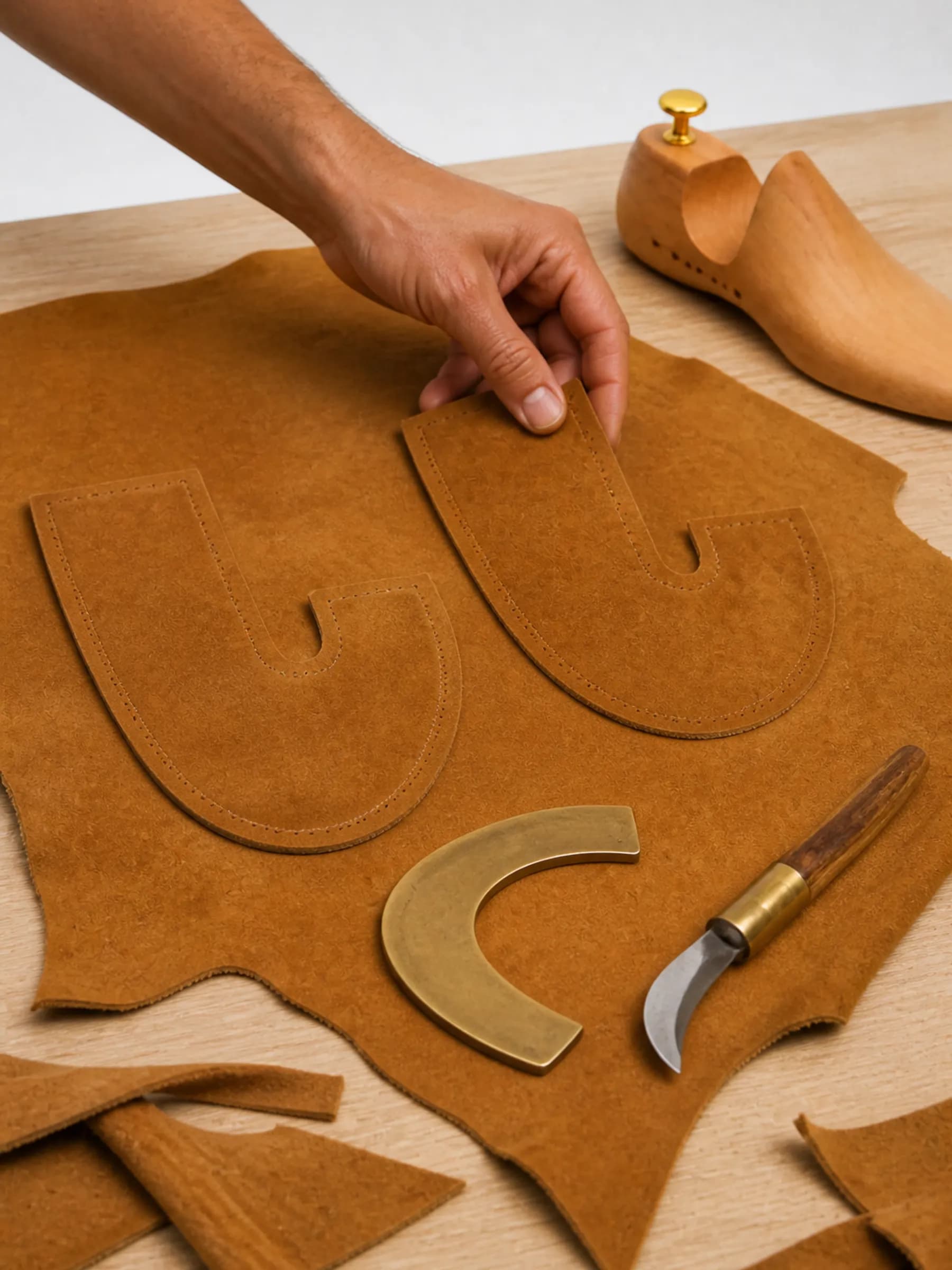 Two suede uppers cut from the same hide, side by side, showing different grain