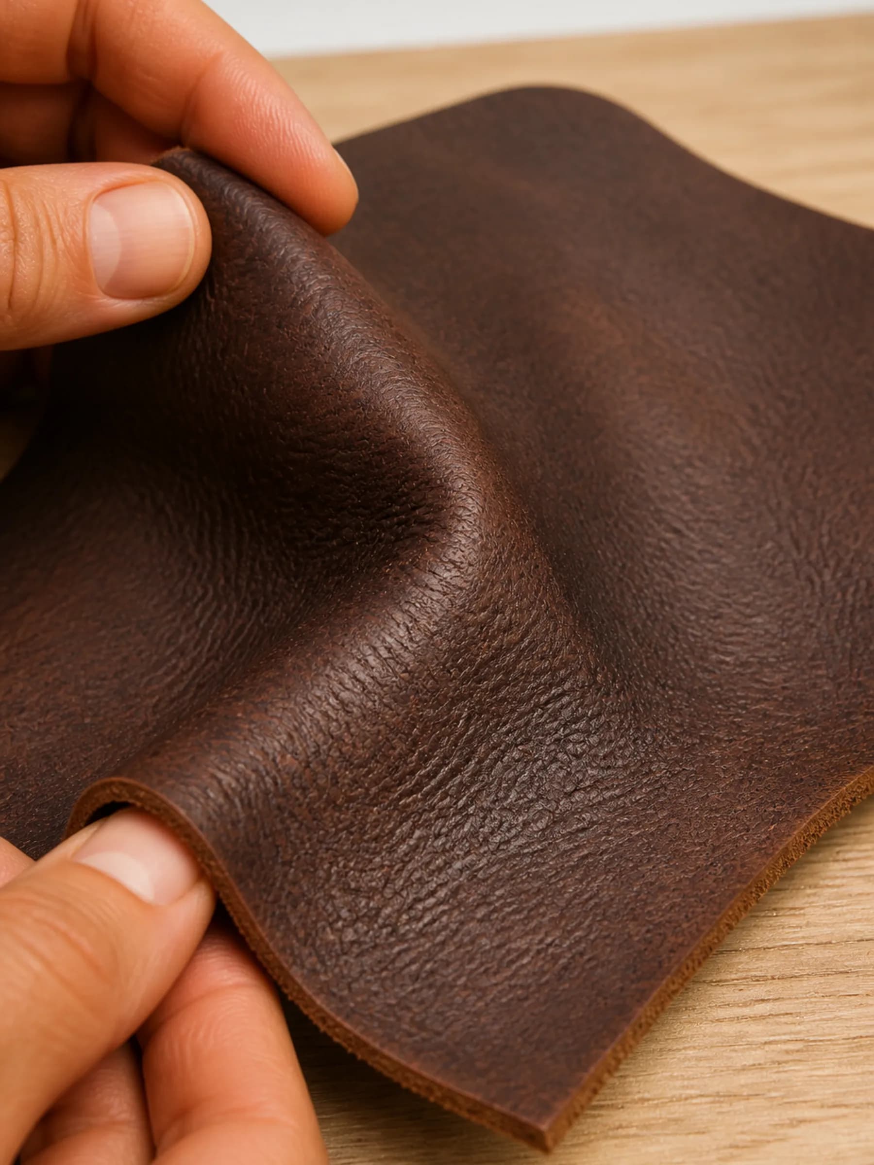 Full-grain calf leather flexed by hand, showing natural grain and a soft crease